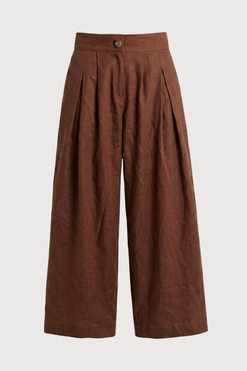 Pantalón palazzo de lino con pinza en color marrón. 