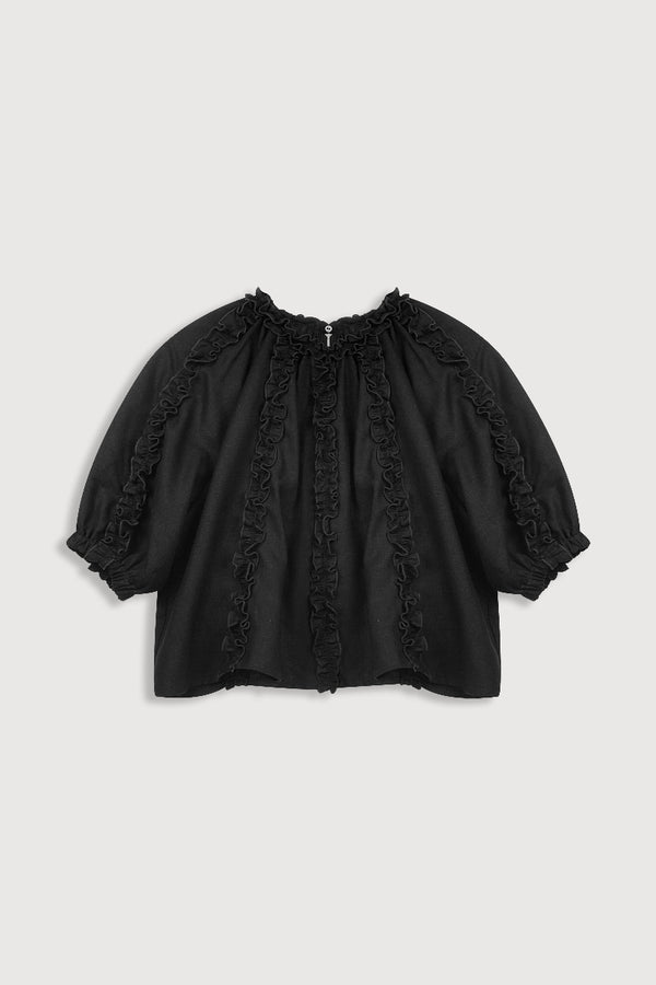 Blusa de lino negra con volantes fruncidos