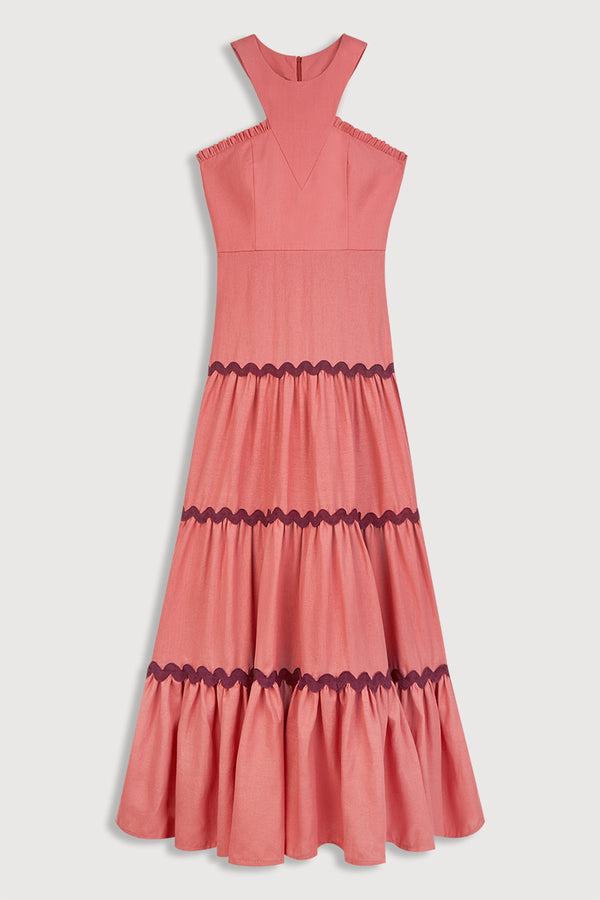 Vestido de fiesta de lino rosa y detalles bordados 3